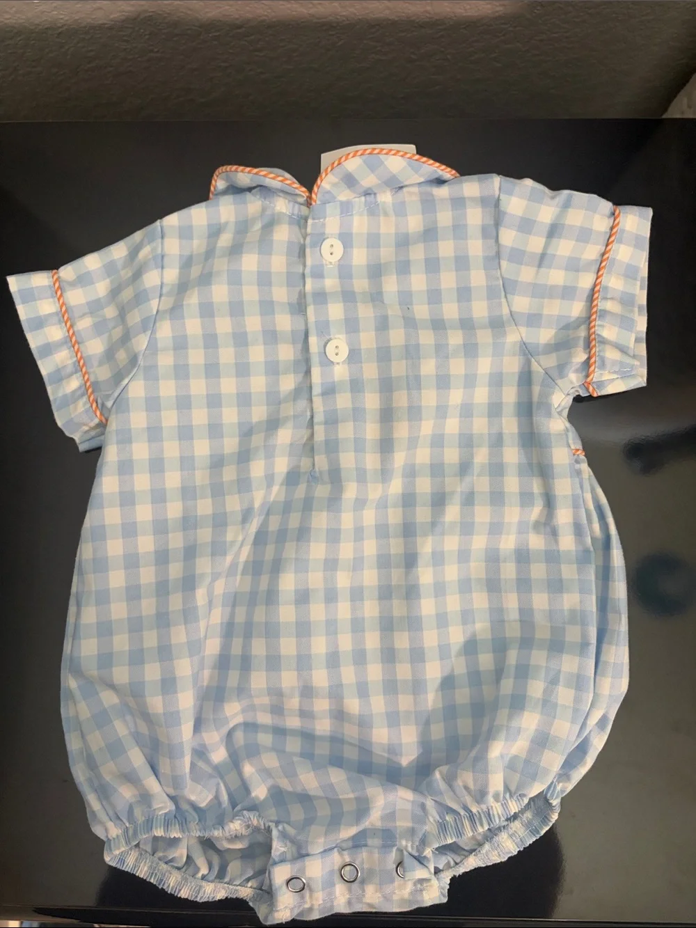Sweet Dreams Light Blue and White Gingham Baby Bubble with Orange Trim and Truck
